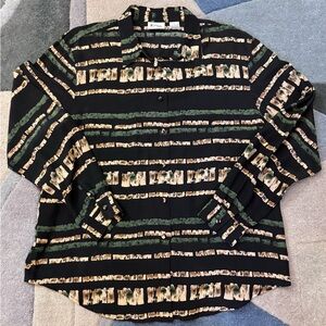Vintage 90s 100% Silk Abstract Stripe Button Down Blouse L Oversized